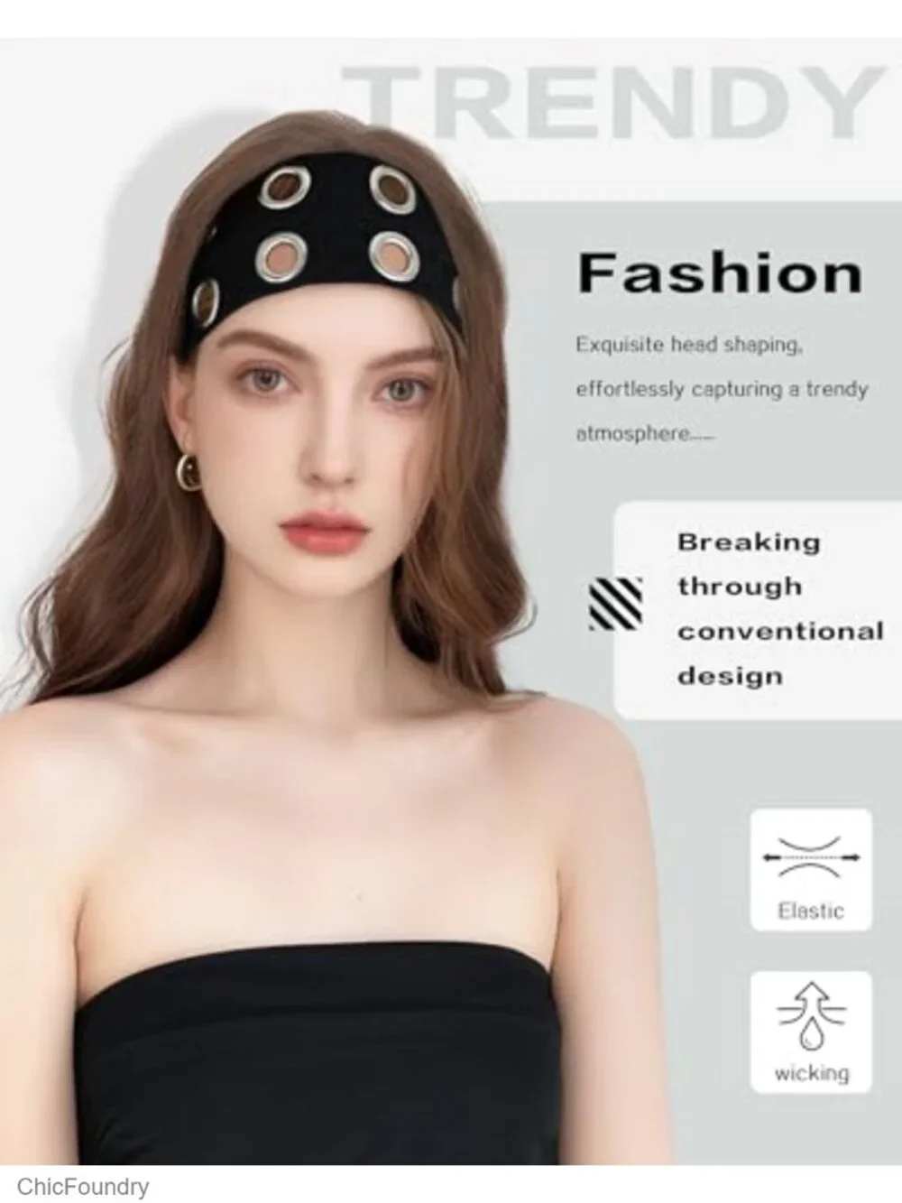 Wide Stretch Headband with Metal Grommets for Women Men Black